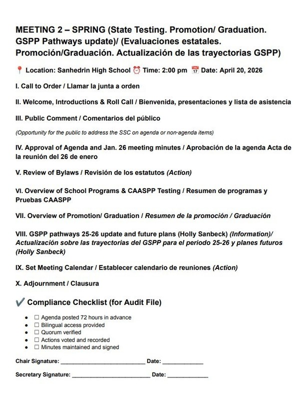 School Site Council Meeting April 20