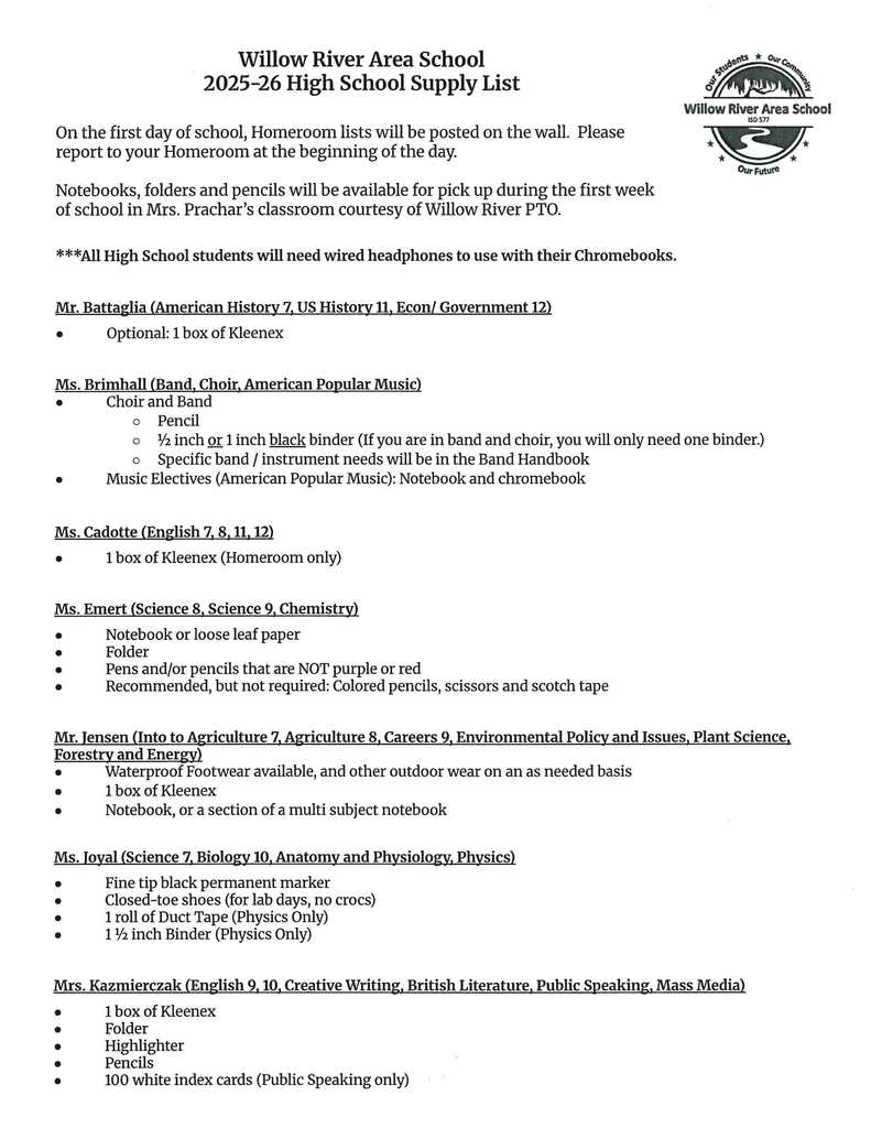 HIGH SCHOOL SUPPLY LIST PAGE 1