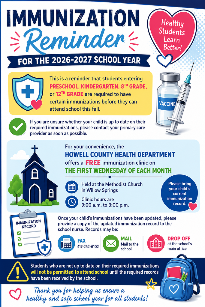 Immunization reminder for preschool, kindergarten, 8th grade and 12th grade students.