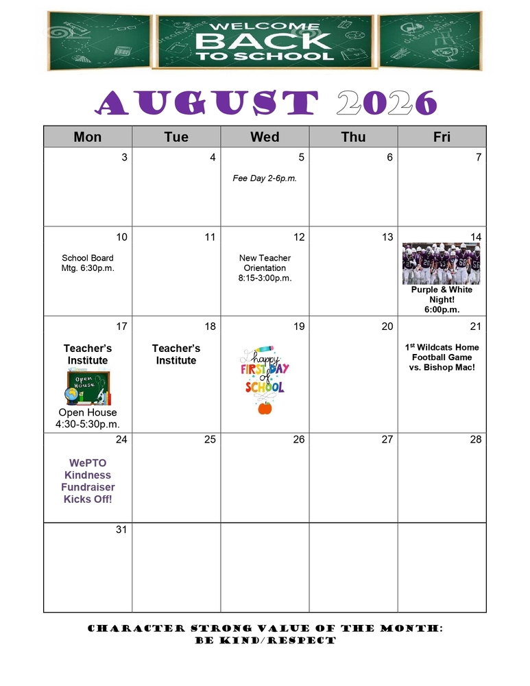 August 2026 Student Calendar
