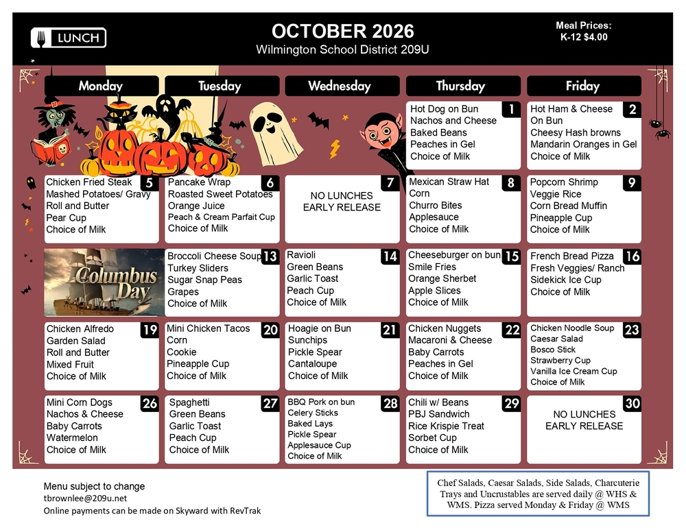 October Lunch Menu 2026