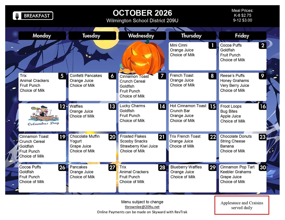 October Breakfast Menu 2026