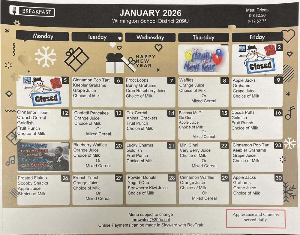 January 2026 Breakfast Menu 