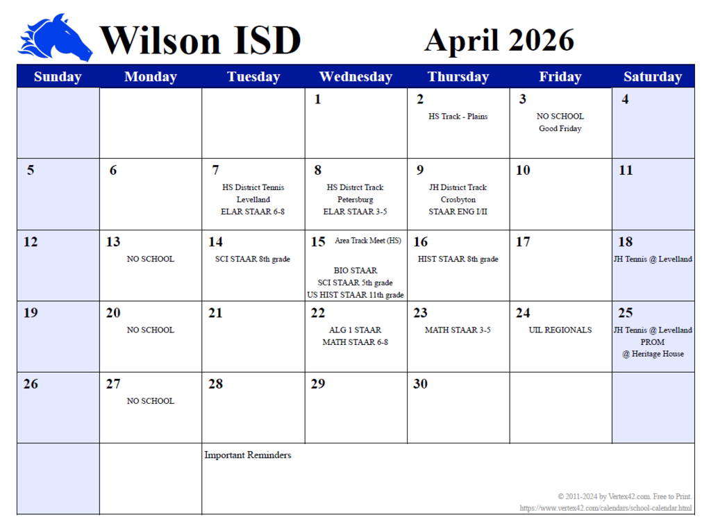 April Monthly Calendar