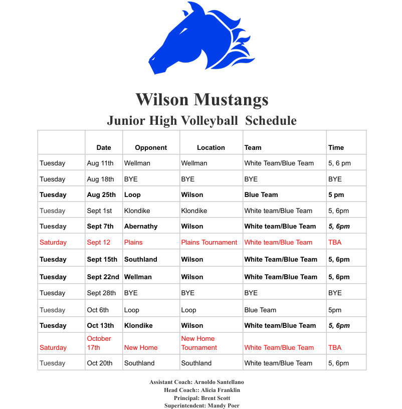 JH Volleyball Schedule