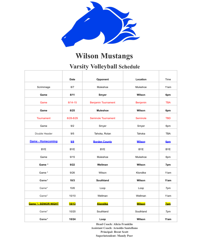 Varsity Volleyball Schedule