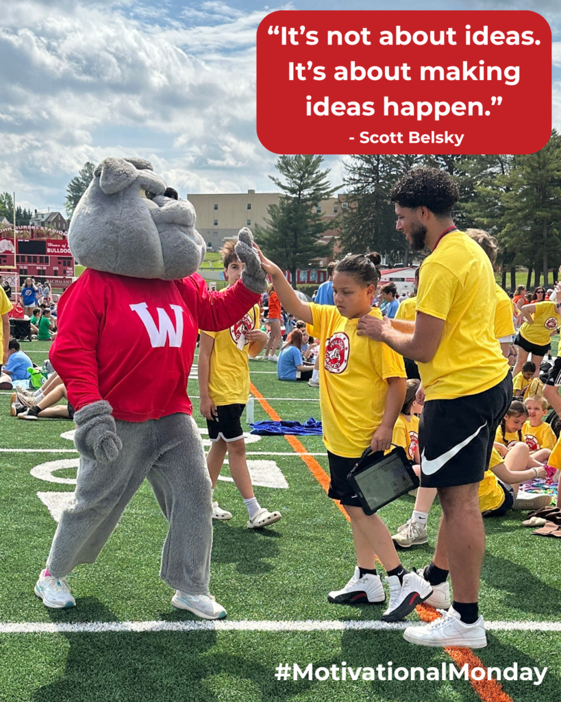 "Its not about ideas, its about making ideas happen"- Scott belsky #Motivational Monday. Photot of student giving bulldog mascot a high five