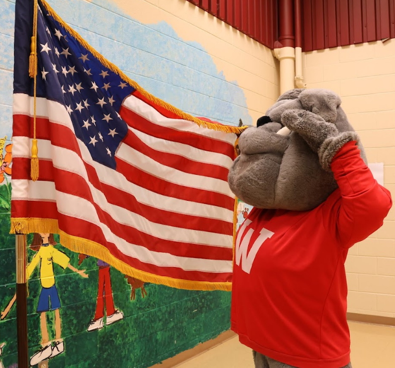 Bulldog Mascot saluting the american flag