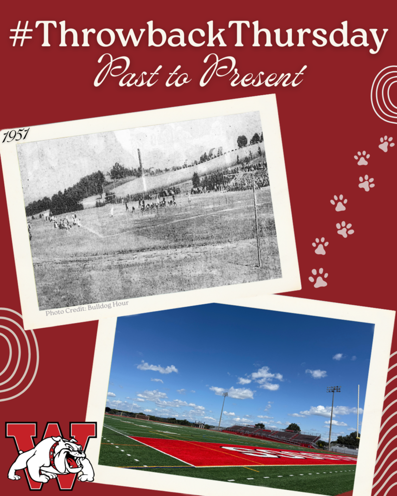 Hashtag throwback Thursday, past to present. First photo is a black and white photo of Gurski Stadium taken in 1951. The photo in the bottom right hand side is a recent photo showing Gurski Stadium.