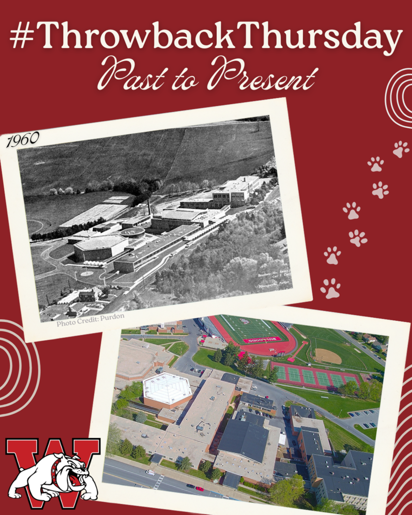 hashtag throwback thursday top left is a picture of wilson high schools campus in black and white from a skyview taken in 1960. Picture of wilson high school campus taken recently in color showing all features of building including tennis courts and gurski