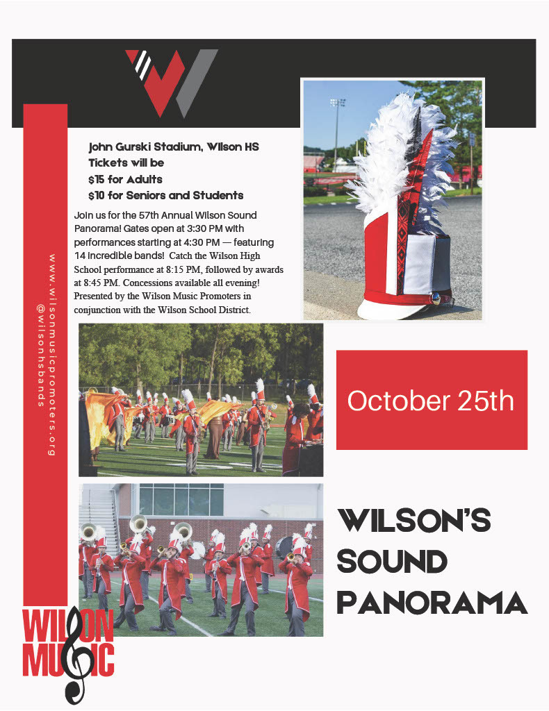 John Gurski stadium $15 adults, seniors and students $10 Join us for the 57th Annual Wilson Sound Panorama! Gates open at 3:30 PM with performances starting at 4:30 PM — featuring 14 incredible bands! 🎺 Catch the Wilson High School performance at 8:15 PM, followed by awards at 8:45 PM. Concessions available all evening! Presented by the Wilson Music Promoters in conjunction with the Wilson School District. October 25th