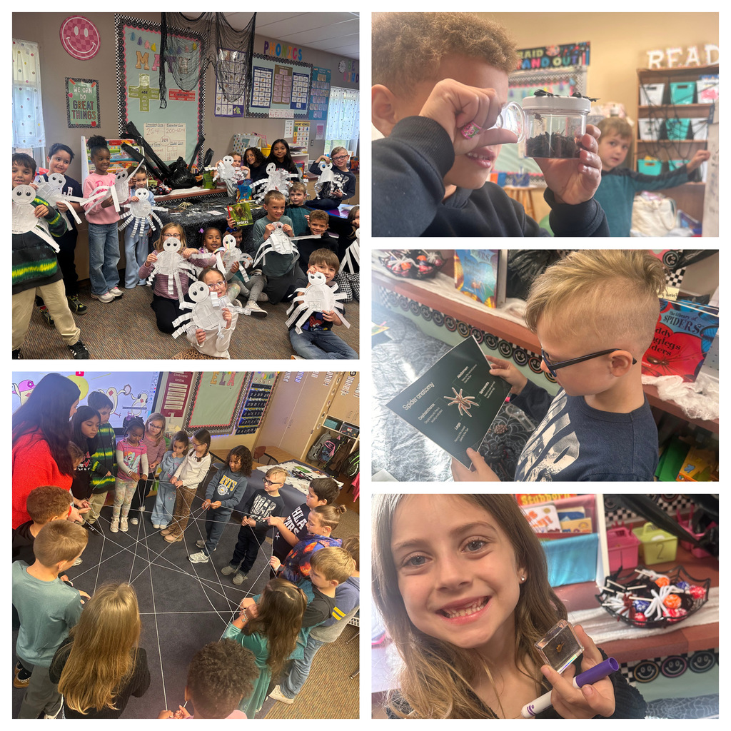 Students with fake spiders webs and spider crafts