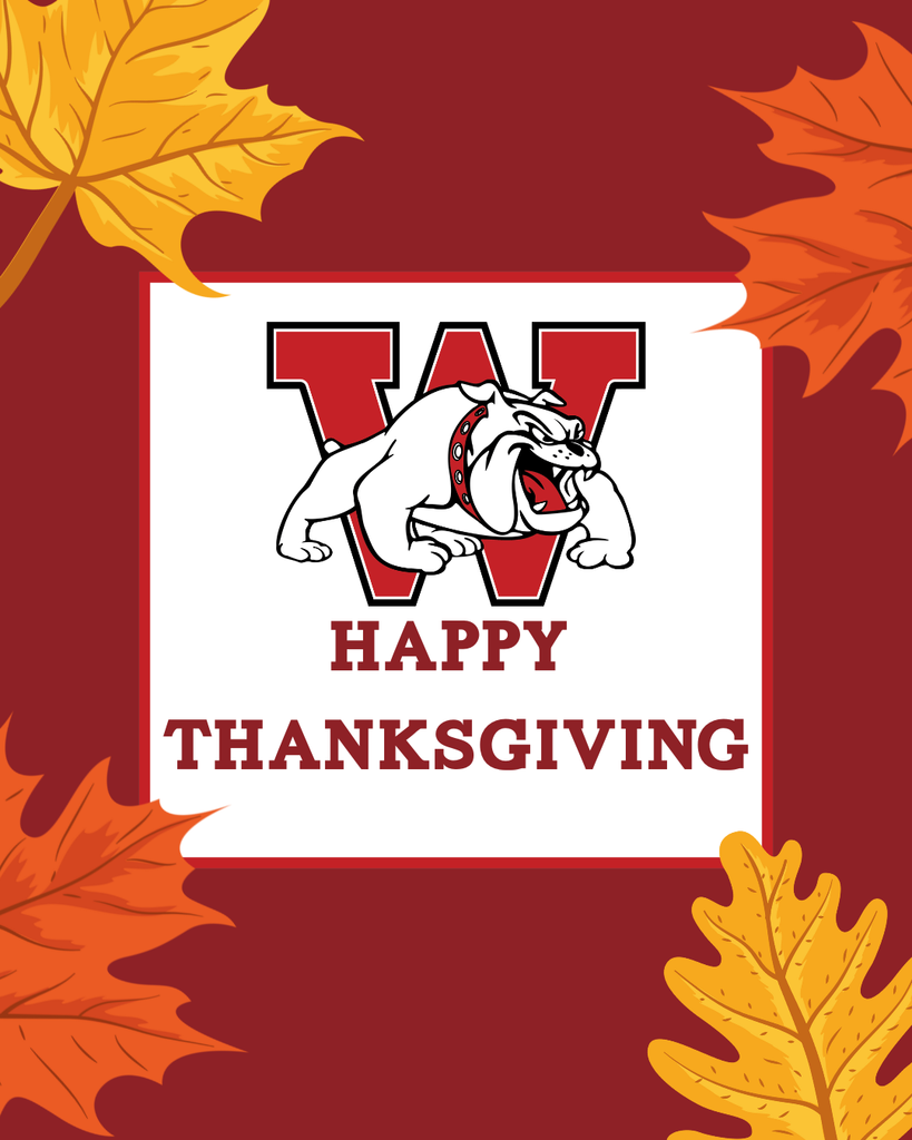 Happy Thanks giving with a picture of the Wilson logo and a border of fall colored leaves 