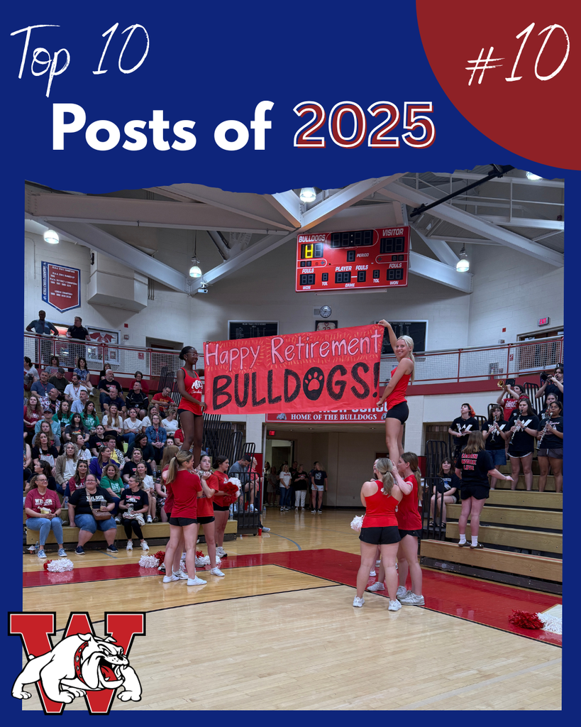 top 10 posts of 2025 #10 Two sets of cheerleaders in a stunt holding a banner that says happy retirement bulldogs