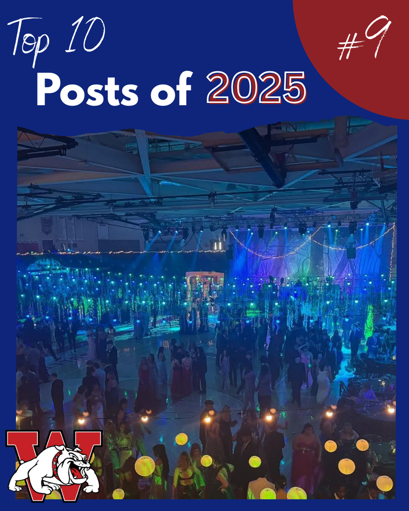 top 10 posts of 2025 #9; photo of prom from above where lights are off and it looks green and blue with a bunch of student filling the floor