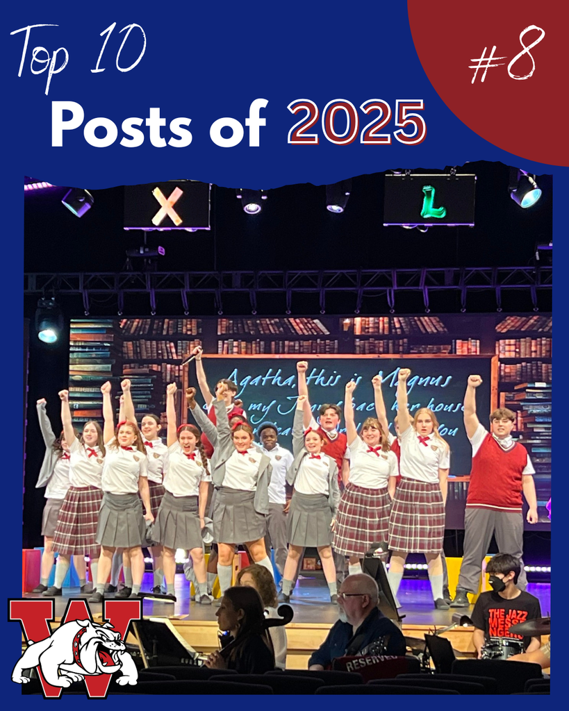 top 10 posts of 2025 #8- picture of students performing matilda the musical. they are doing a dance number with their fists up