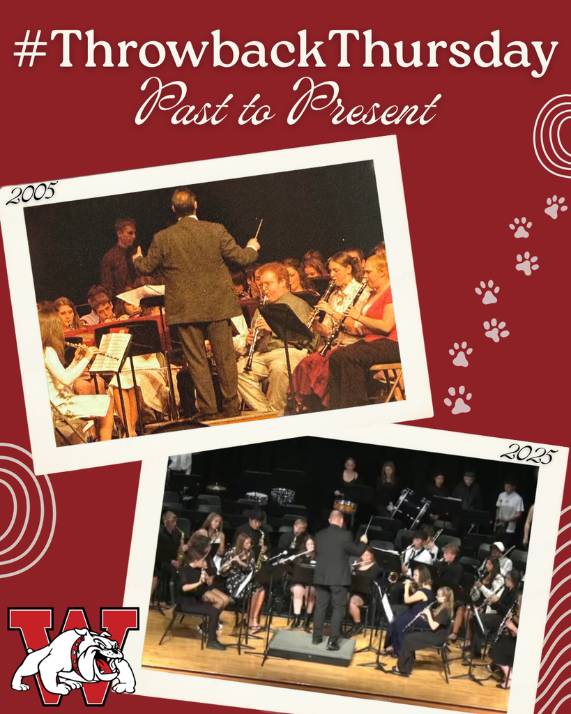 #Throwbackthursday past to present shows a photo of a man conducting the band while surrounded by the first row playiing claronets form 2005- bottom photo is guy conducting a band with front row filled with students playiing iflute and clairinet and other students playing various other instremnts