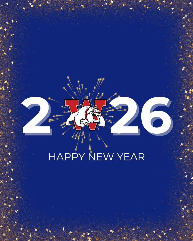 2026 happy new year with a sparkly border and the bulldog in front of a firework for the 0 in 2026