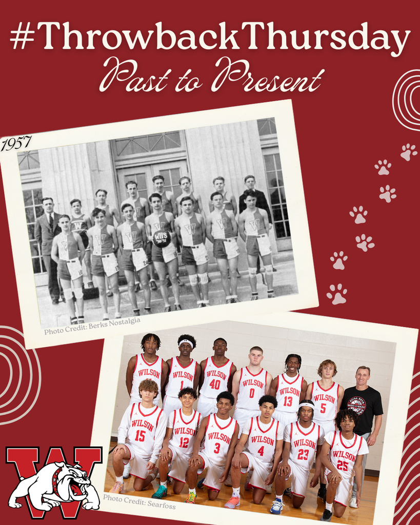 A graphic titled “#ThrowbackThursday – Past to Present” featuring two Wilson High School basketball team photos. The top photo, labeled 1957, is a black-and-white image of the boys’ basketball team standing in front of a building with tall columns. The bottom photo shows the modern Wilson boys’ basketball team in red and white uniforms posing in a gym. A large Wilson “W” with a bulldog mascot appears in the lower left corner, and decorative paw prints and circular line designs are on the red background.