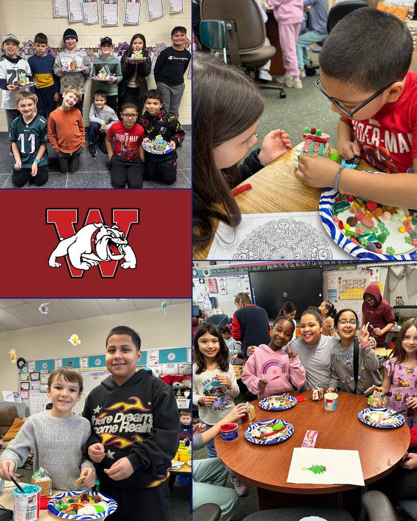 A four-photo collage showing elementary students decorating gingerbread houses in a classroom. One image shows a group of students holding their finished houses; another shows two students carefully adding candy details at a desk. Additional photos show pairs and small groups smiling with plates of candy and icing around a table. A school logo appears in the center of the collage.