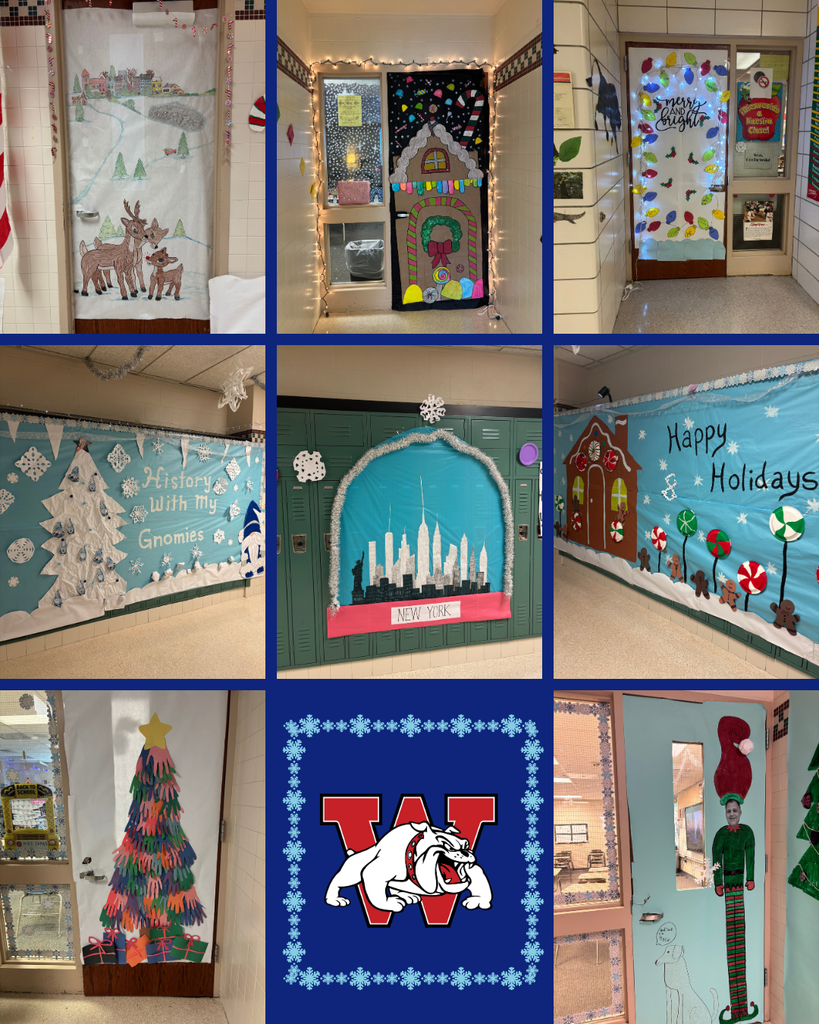 A nine-photo collage showcasing holiday-themed classroom doors and hallway displays in a school. Decorations include winter scenes, gingerbread houses, festive trees, snowflakes, city skylines, and “Happy Holidays” messages. A school logo appears in the center of the collage, highlighting the variety of creative seasonal designs throughout the building.