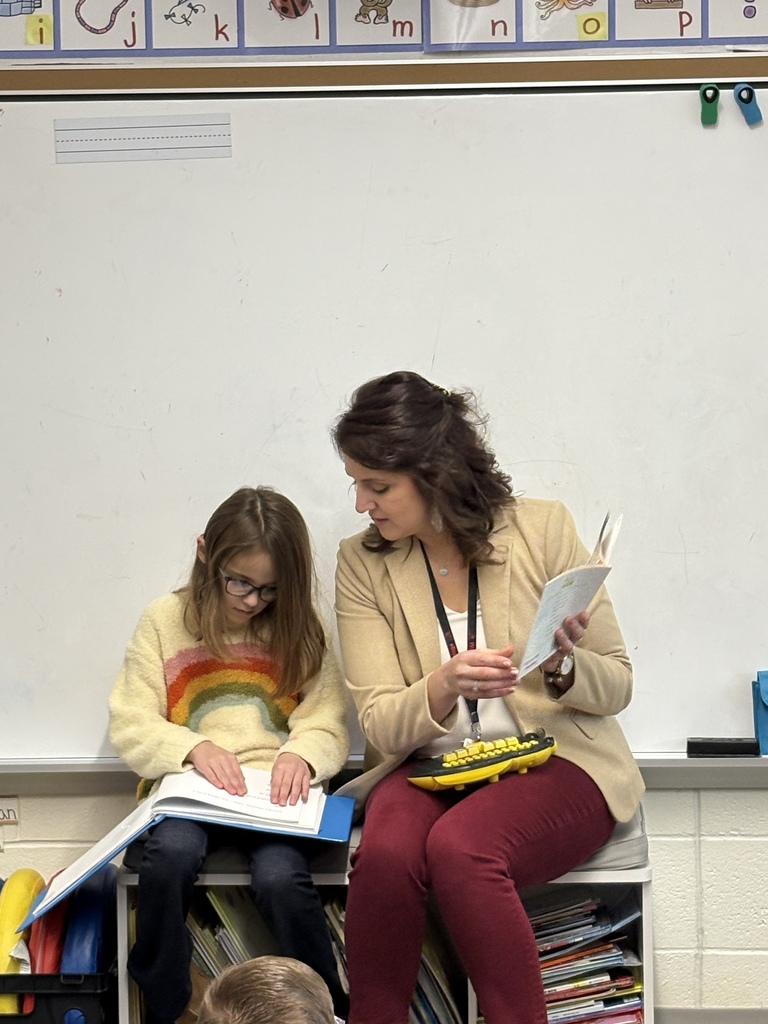 A teacher and a student sit side by side in a classroom, reading together from braille books. The teacher holds an open book while the student turns a page, with classroom materials and shelves in the background.