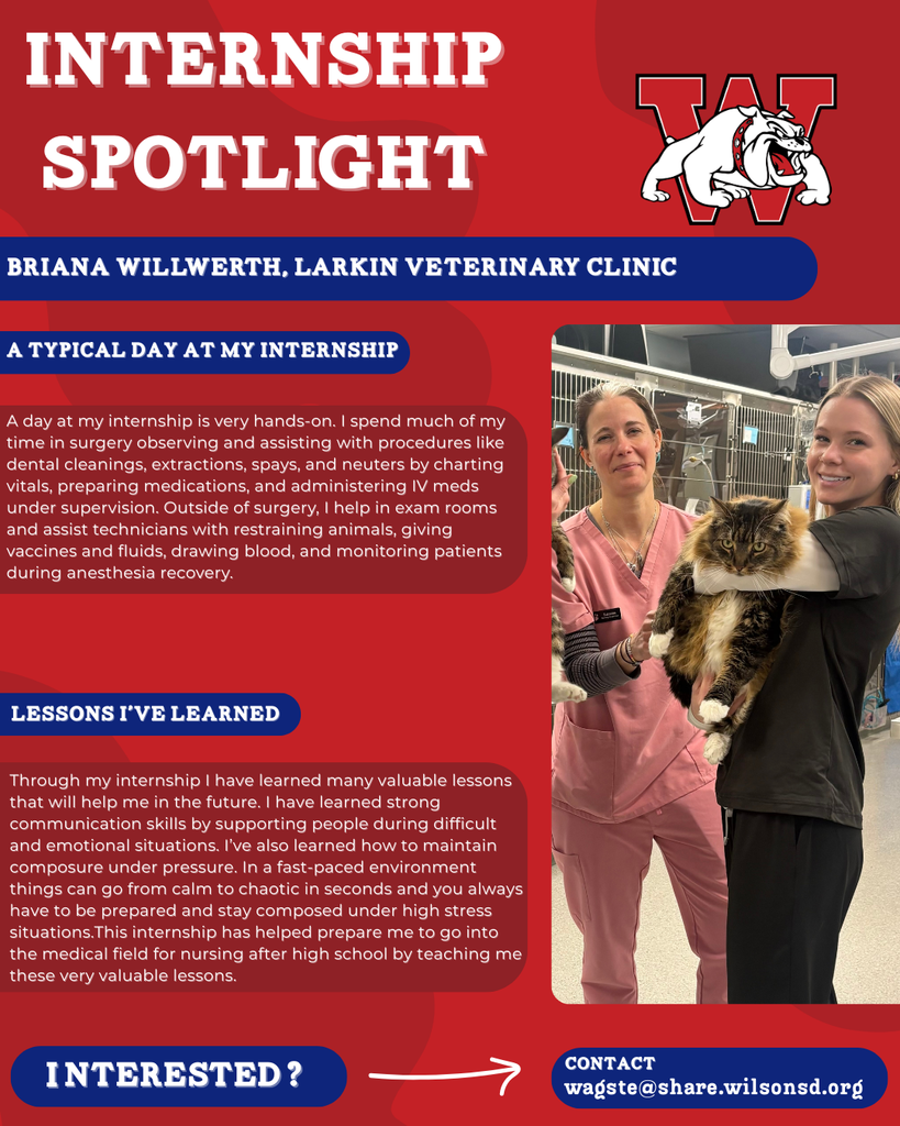 nterested i ? INTERNSHIP SPOTLIGHT Briana Willwerth, Larkin Veterinary Clinic a typical DAY AT MY INTERNSHIP LESSONS I’VE LEARNED contact wagste@share.wilsonsd.org A day at my internship is very hands-on. I spend much of my time in surgery observing and assisting with procedures like dental cleanings, extractions, spays, and neuters by charting vitals, preparing medications, and administering IV meds under supervision. Outside of surgery, I help in exam rooms and assist technicians with restraining animals, giving vaccines and fluids, drawing blood, and monitoring patients during anesthesia recovery. Through my internship I have learned many valuable lessons that will help me in the future. I have learned strong communication skills by supporting people during difficult and emotional situations. I’ve also learned how to maintain composure under pressure. In a fast-paced environment things can go from calm to chaotic in seconds and you always have to be prepared and stay composed under high stress situations.This internship has helped prepare me to go into the medical field for nursing after high school by teaching me these very valuable lessons.