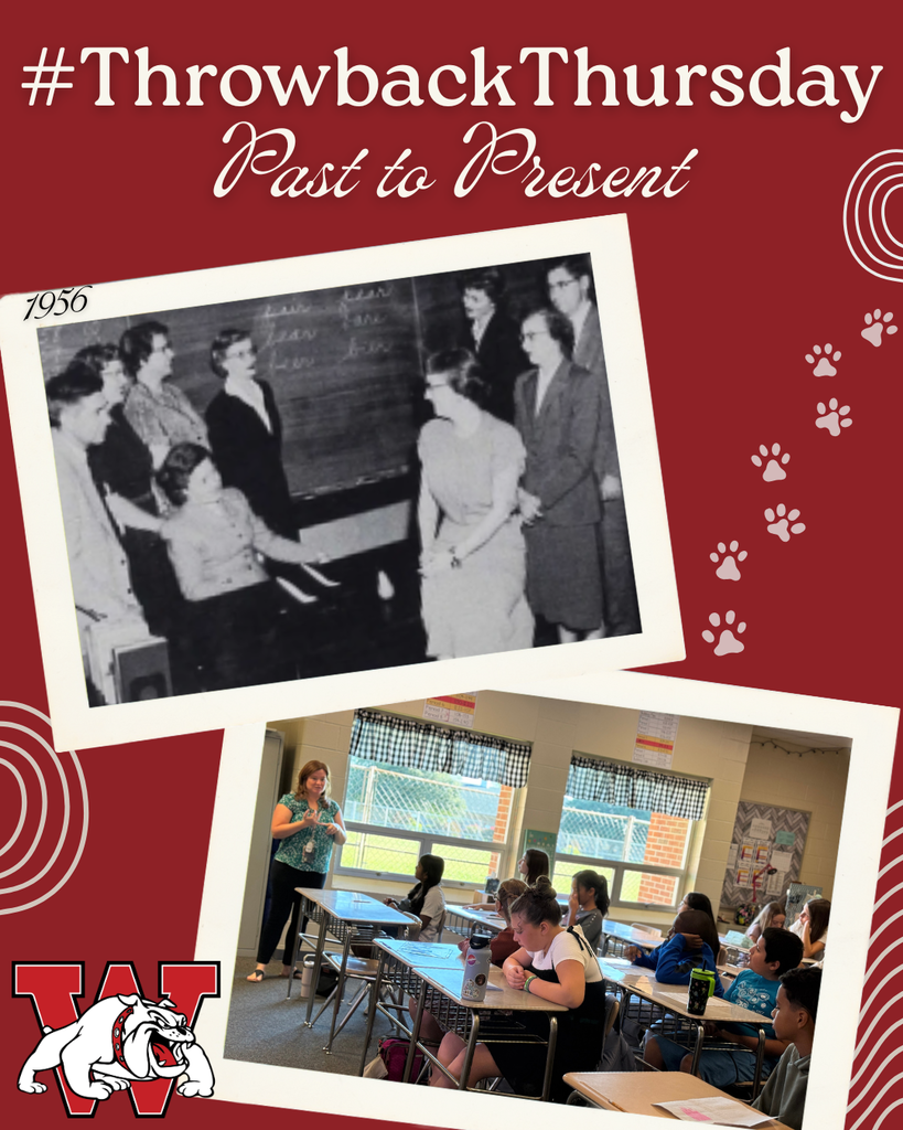 #ThrowbackThursday Past to Present 1956 shows one photo on top left of female teacher teaching the photo is black and white with a recent photo of a female teaching a class