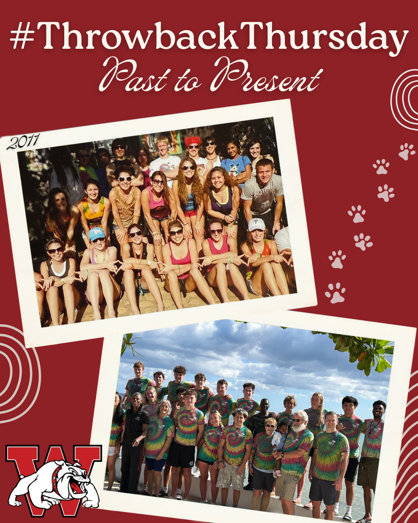 A red graphic reading “#ThrowbackThursday – Past to Present” features two tilted group photos. The top photo, labeled 2011, shows a large group of students posing outdoors in casual summer clothing and sunglasses. The bottom photo shows a recent group of students and adults wearing matching tie-dye shirts, standing together outside near the water under a cloudy sky. A large red “W” with a bulldog logo appears in the bottom left corner, with decorative paw prints along the side.