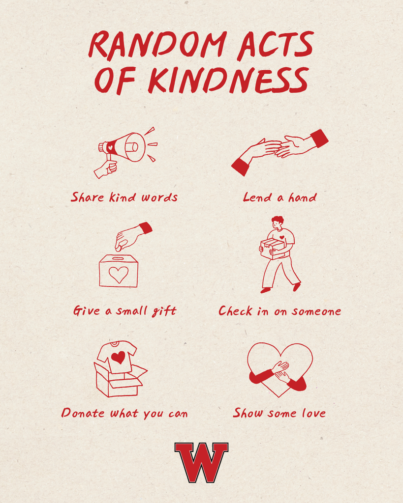 Check in on someone Lend a hand Share kind words Give a small gift Donate what you can Show some love random acts of kindness