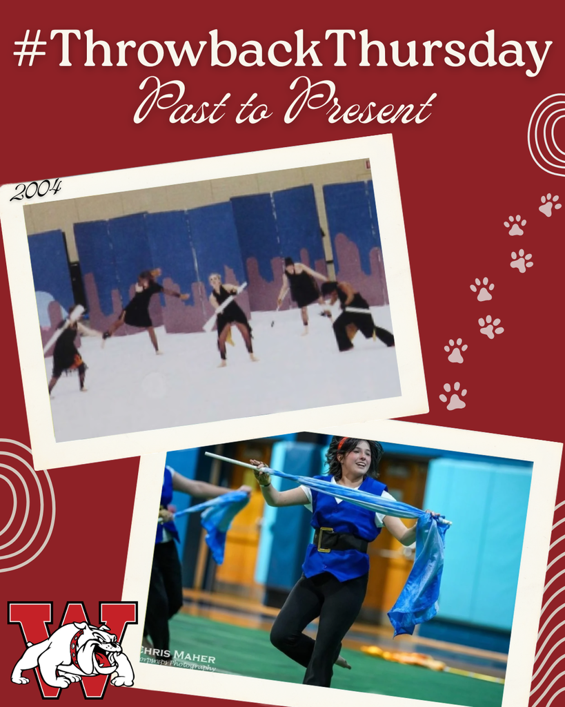 A red “#ThrowbackThursday: Past to Present” graphic featuring two photos of Wilson’s Color Guard. The top photo, labeled 2004, shows a group of performers in black outfits on a gym floor mid-routine with props, in front of a blue cityscape-style backdrop. The bottom photo shows a current color guard performer in a blue costume smiling while spinning a blue flag in a gymnasium. The Wilson “W” bulldog logo appears in the lower left, with decorative paw prints and circular accents on the background.