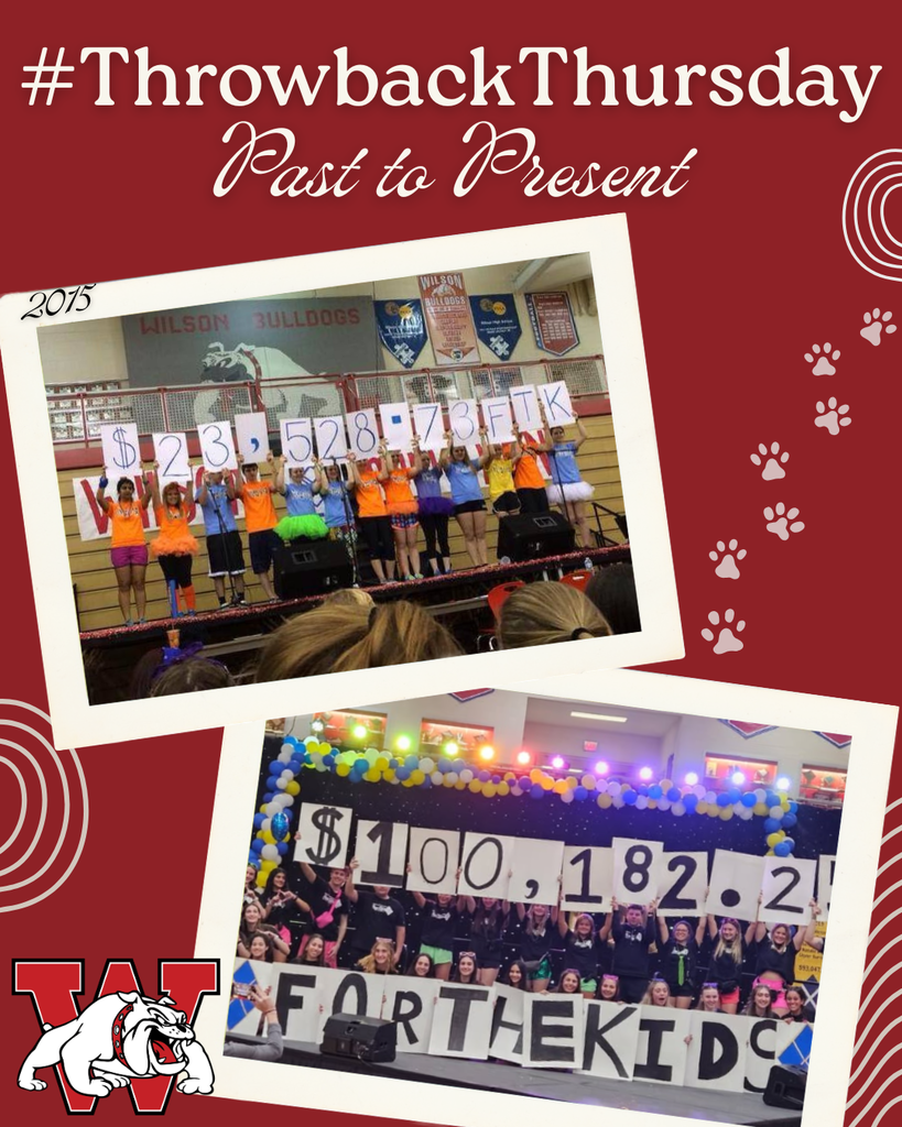 Graphic with a red background reading “#ThrowbackThursday – Past to Present.” Two photos show Wilson students in a gym holding large signs with fundraising totals for Mini-THON: the top photo from 2015 shows students on stage holding “$23,528.73 FTK,” and the bottom photo shows a larger group holding “$100,182.21 FOR THE KIDS” under colorful lights and balloons. A Wilson Bulldogs “W” logo with a bulldog and paw prints decorates the design.