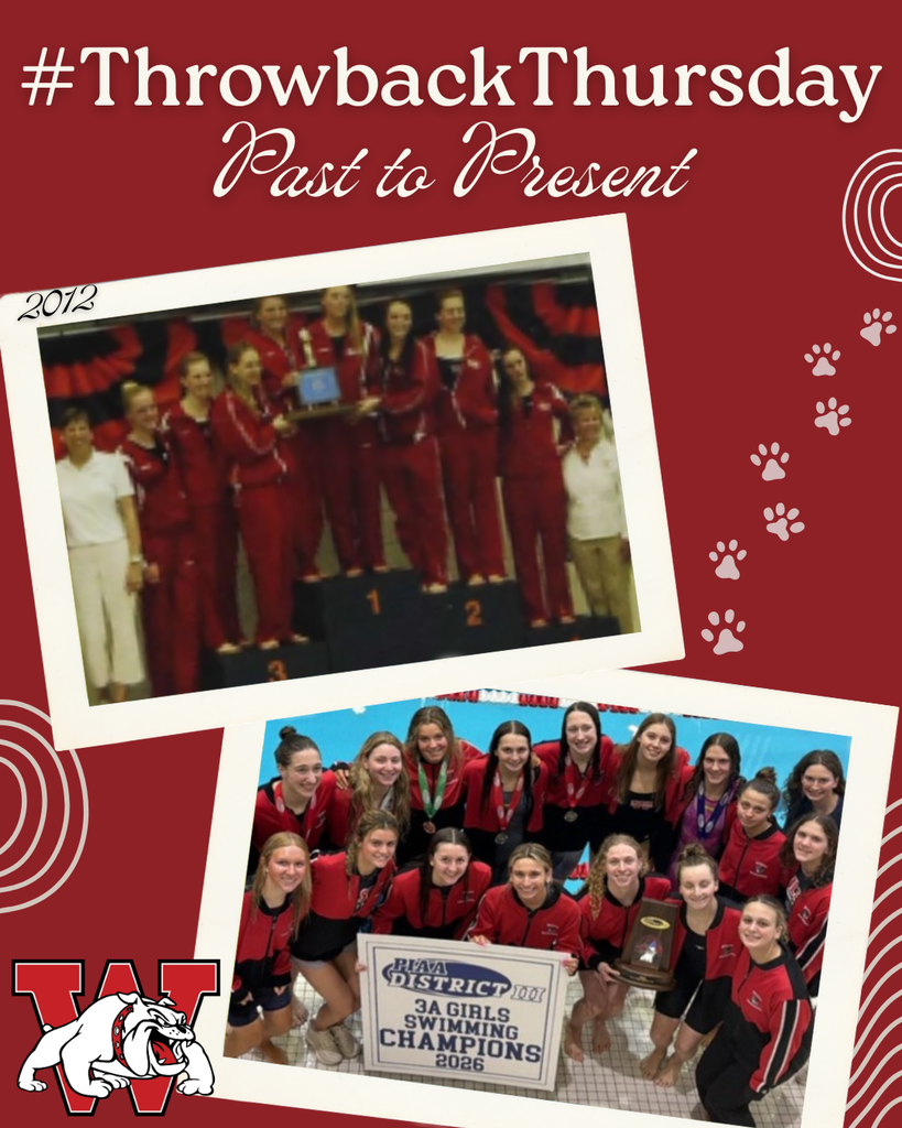 Graphic reading “#ThrowbackThursday: Past to Present” on a red background with paw print accents and a bulldog logo. The top photo, labeled 2012, shows a girls swim team in red warmups standing on a podium holding a trophy. The bottom photo shows the 2026 girls swim team in red and black uniforms gathered together on a pool deck, smiling and holding a sign that reads “PIAA District 3A Girls Swimming Champions 2026” along with a championship trophy.
