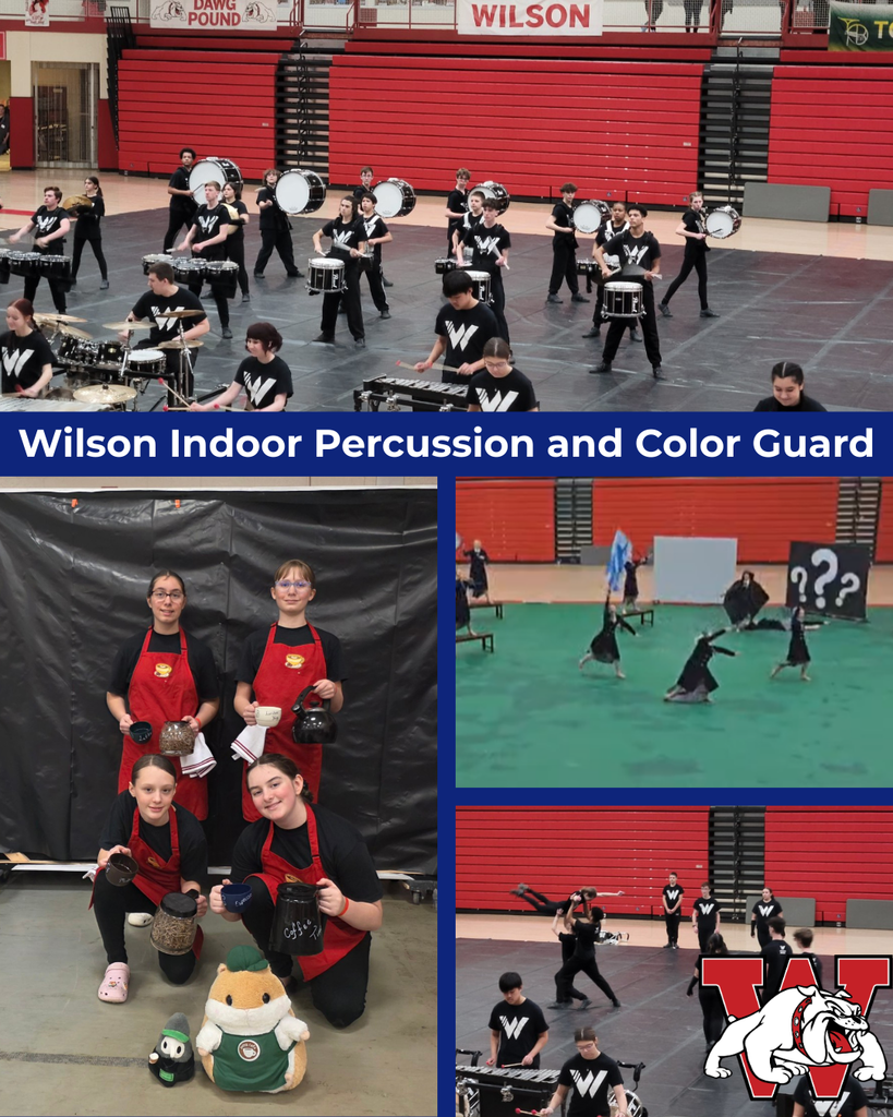 A collage featuring Wilson Indoor Percussion and Color Guard performing in a high school gym with red bleachers and “Wilson” signage. The top image shows the indoor percussion ensemble playing drums and mallet instruments on the gym floor. On the right, color guard members perform with flags and props on a green tarp. On the left, four students wearing red aprons pose with coffee pots and mugs, kneeling beside two small stuffed mascots. A bulldog logo with a large “W” appears in the bottom corner.