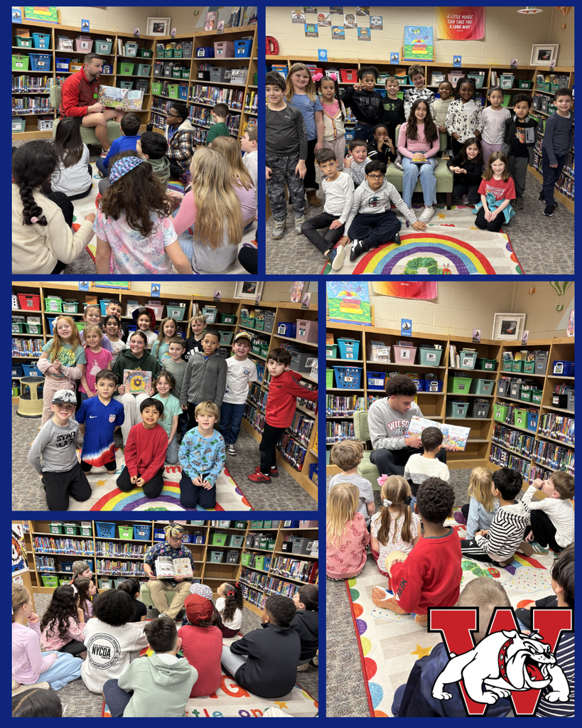 Collage of compilation of photos of older students reading to younger students in a library