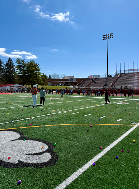 people getting ready to pick up eggs on the fiedl