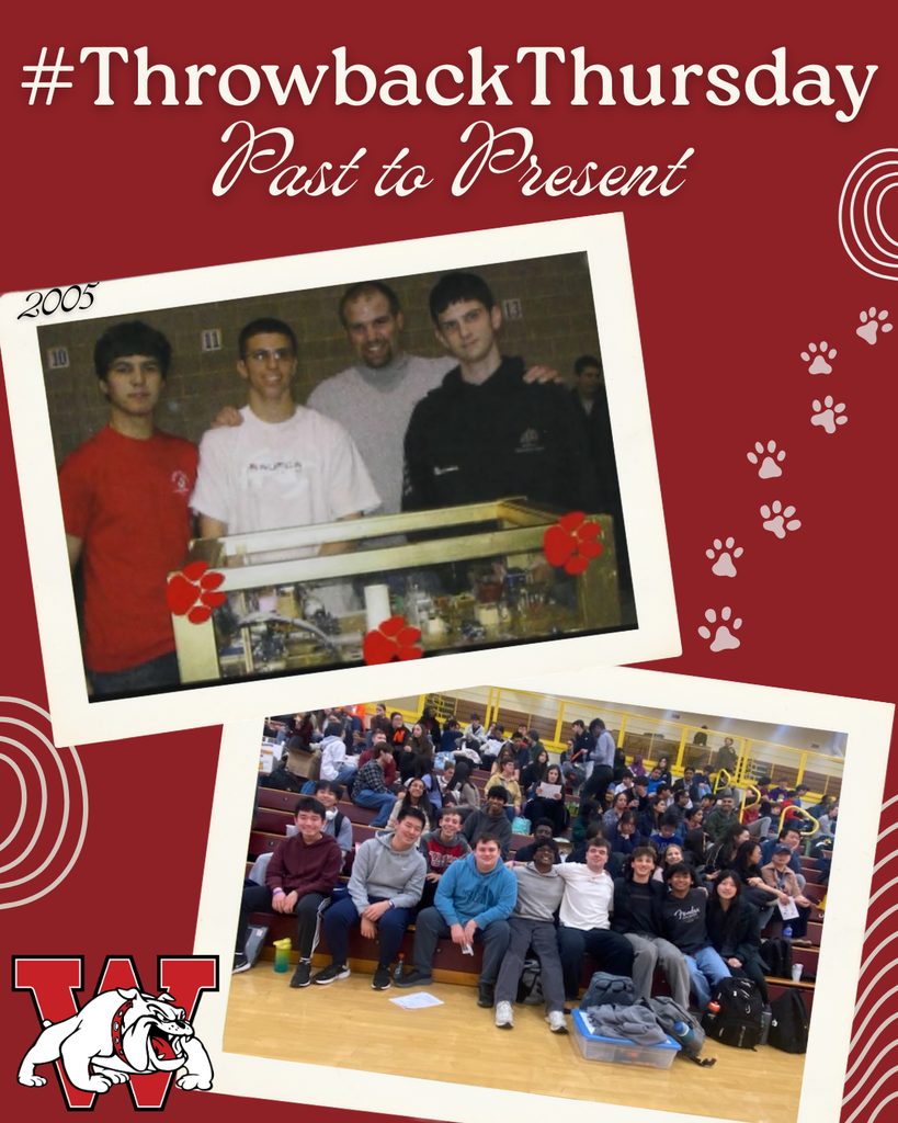Throwback Thursday graphic with a red background and the text “#ThrowbackThursday: Past to Present” at the top. The design features two overlapping photo-style images: the top photo, labeled “2005,” shows a small group of students and an adult standing behind a project display; the bottom photo shows a large group of students sitting together on gym bleachers, smiling and posing for the camera. Paw print graphics decorate the right side, and a bulldog logo with a large “W” appears in the bottom left corner.