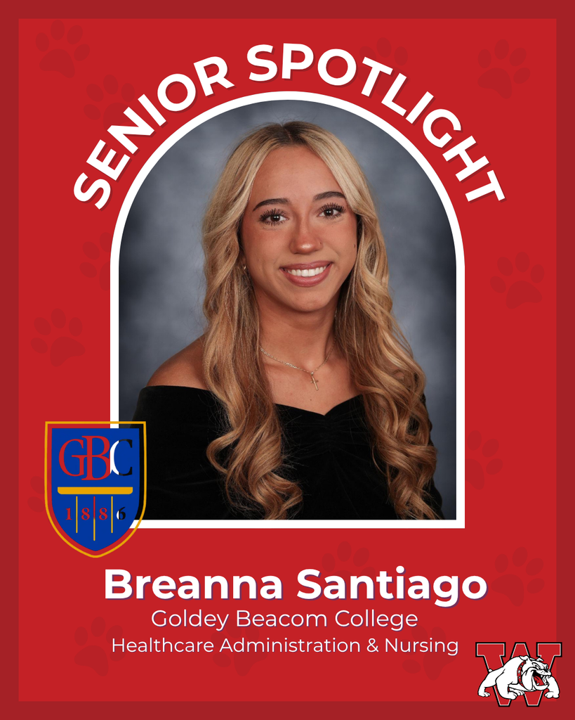 red graphic with paw prints with a students photo in the middle with their college logo in the corner along with their major and then a wilson logo on the other corner breanna santiago goldey beacom college healthcare aadministration and nursing 