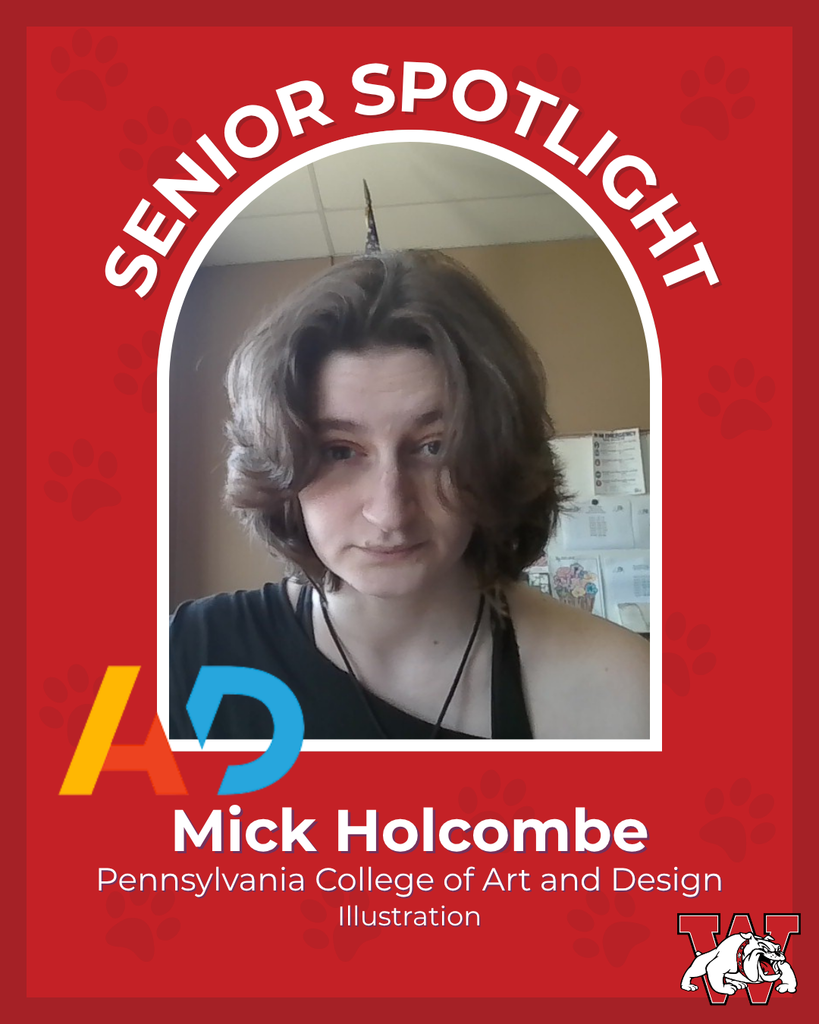red graphic with paw prints with a students photo in the middle with their college logo in the corner along with their major and then a wilson logo on the other corner mick holcombe pennsylvania college of art and design illustration 