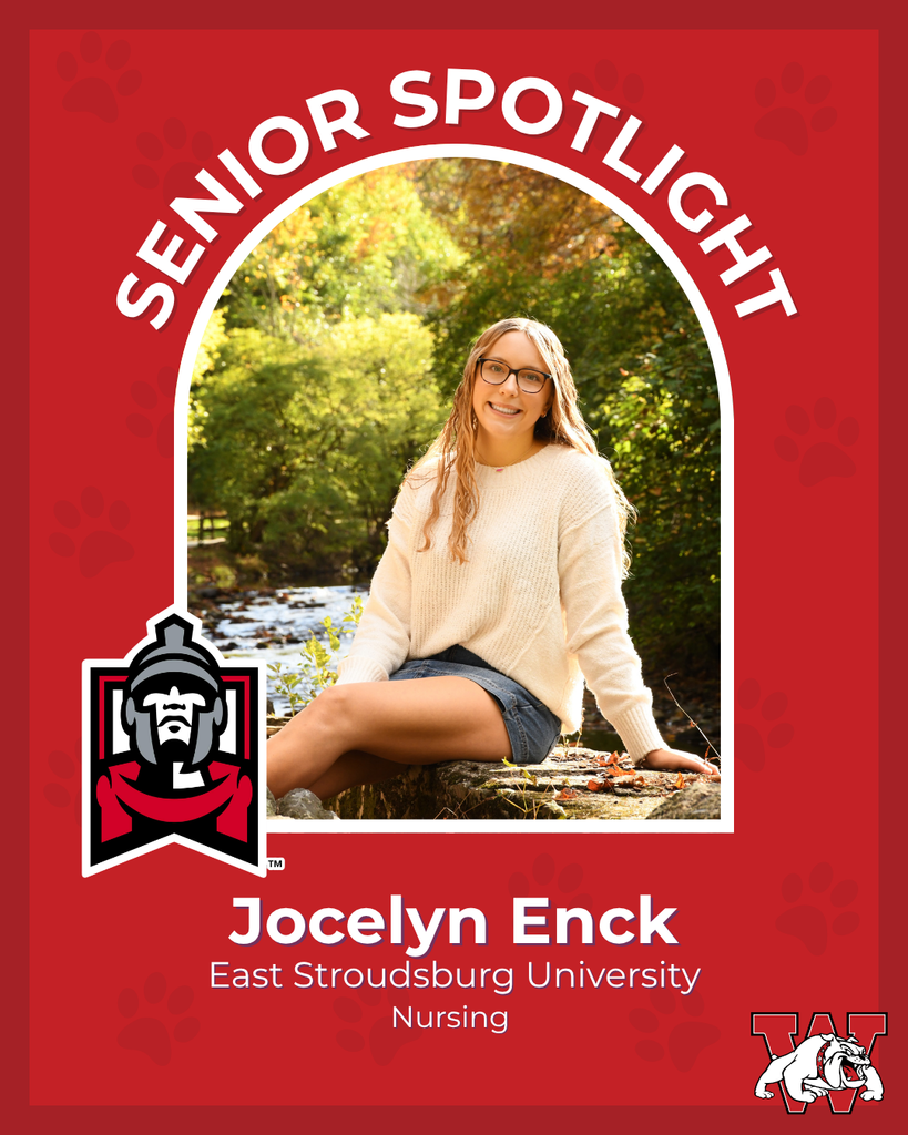 red graphic with paw prints with a students photo in the middle with their college logo in the corner along with their major and then a wilson logo on the other corner jocelyn enck east strousberg university nursing 