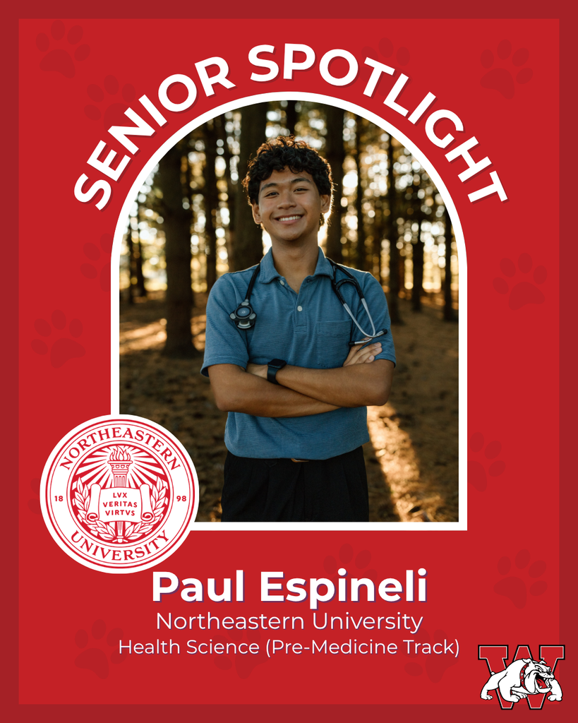 red graphic with paw prints with a students photo in the middle with their college logo in the corner along with their major and then a wilson logo on the other corner paul espineli northeastern university health science pre med track 