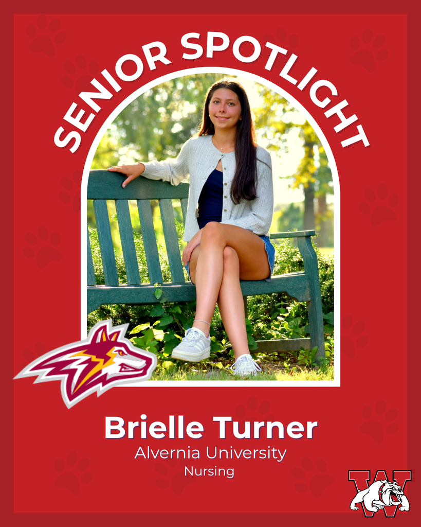 red graphic with paw prints with a students photo in the middle with their college logo in the corner along with their major and then a wilson logo on the other corner brielle turner alvernia university nursing
