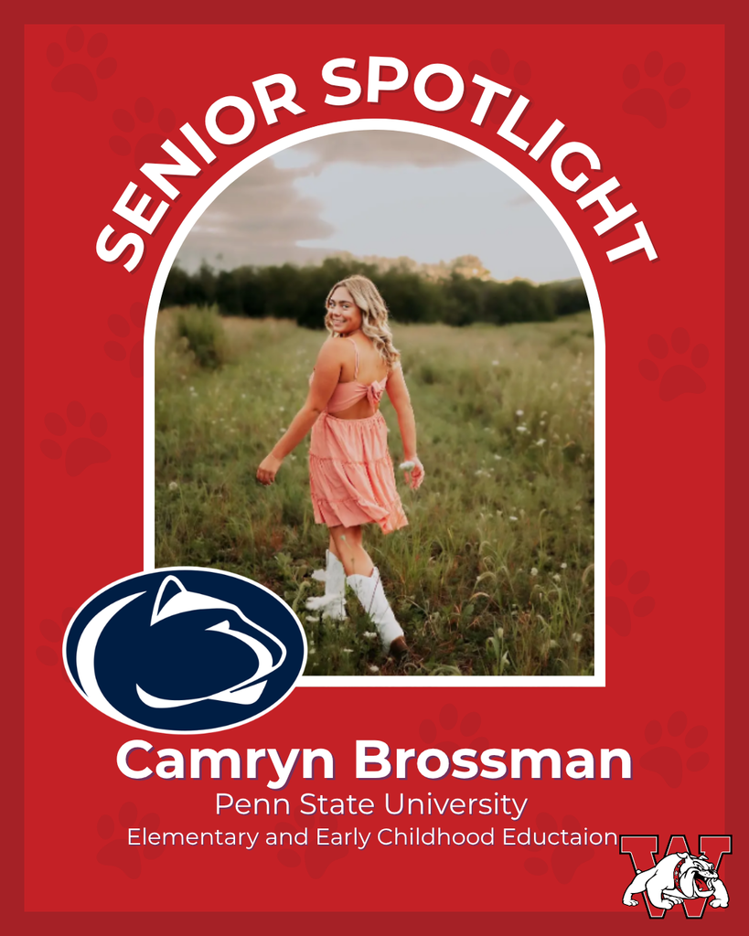 red graphic with paw prints with a students photo in the middle with their college logo in the corner along with their major and then a wilson logo on the other corner camryn brossman penn state university elementary and early childhood education