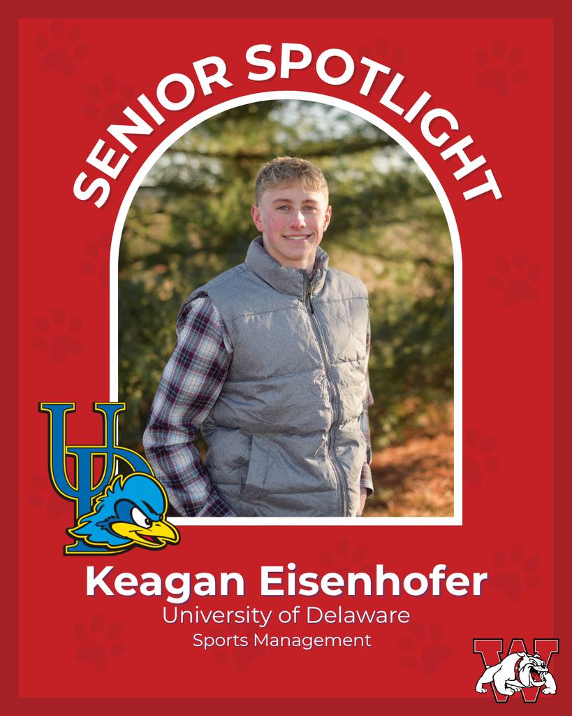 red graphic with paw prints with a students photo in the middle with their college logo in the corner along with their major and then a wilson logo on the other corner keagan eisenhofer university of delaware sports managment