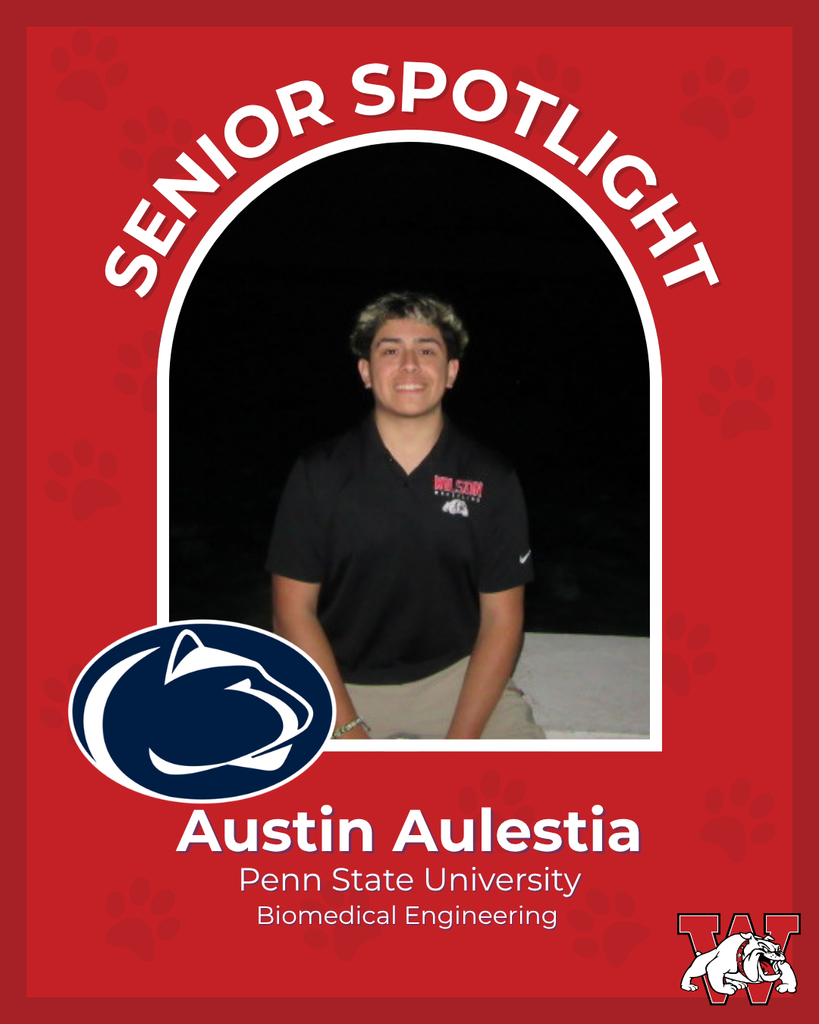 red graphic with paw prints with a students photo in the middle with their college logo in the corner along with their major and then a wilson logo on the other corner austin aulestia penn state univeristy biomedical engineering  