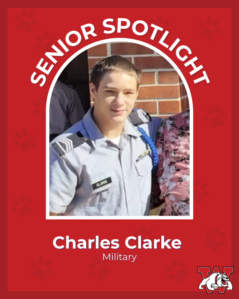 red graphic with paw prints with a students photo in the middle with their college logo in the corner along with their major and then a wilson logo on the other corner charles clark military 