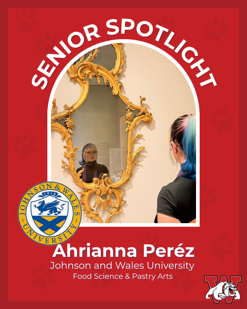 red graphic with paw prints with a students photo in the middle with their college logo in the corner along with their major and then a wilson logo on the other corner ahrianna perez johnson and wales university food science and pastry arts 