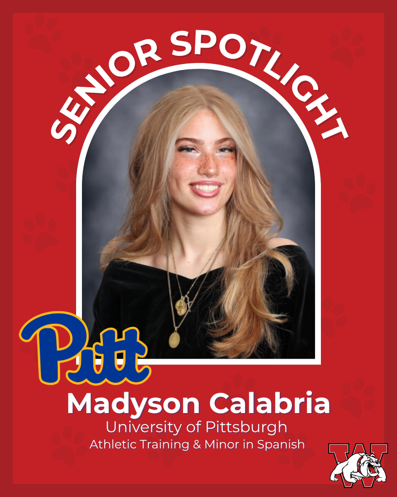 red graphic with paw prints with a students photo in the middle with their college logo in the corner along with their major and then a wilson logo on the other corner madyson calabria univeristy of pittsburg athletic training and minor in spanish