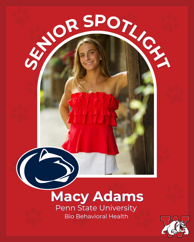 red graphic with paw prints with a students photo in the middle with their college logo in the corner along with their major and then a wilson logo on the other corner macy adams penn state university bio behavioral health 