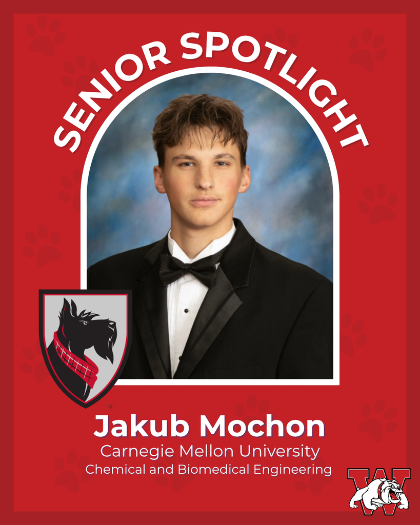 red graphic with paw prints with a students photo in the middle with their college logo in the corner along with their major and then a wilson logo on the other corner jakub mochon carnegie mellon university chemical and biomedical engeneerig